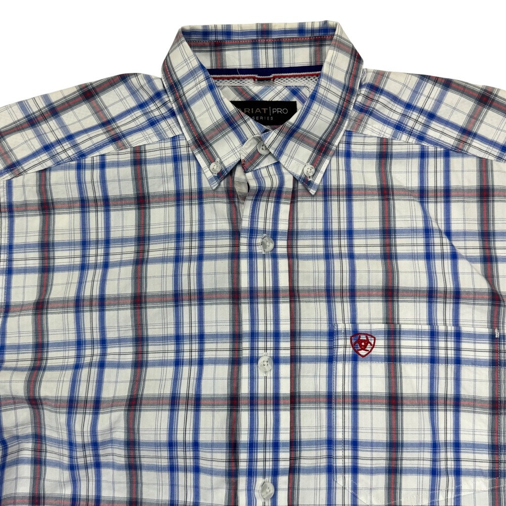 Ariat Pro Series Mens Small Blue Plaid Short Sleeve Button Down Shirt Mesh Yoke